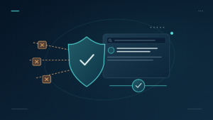 A teal shield blocks hostile amber signals before they reach an online profile.