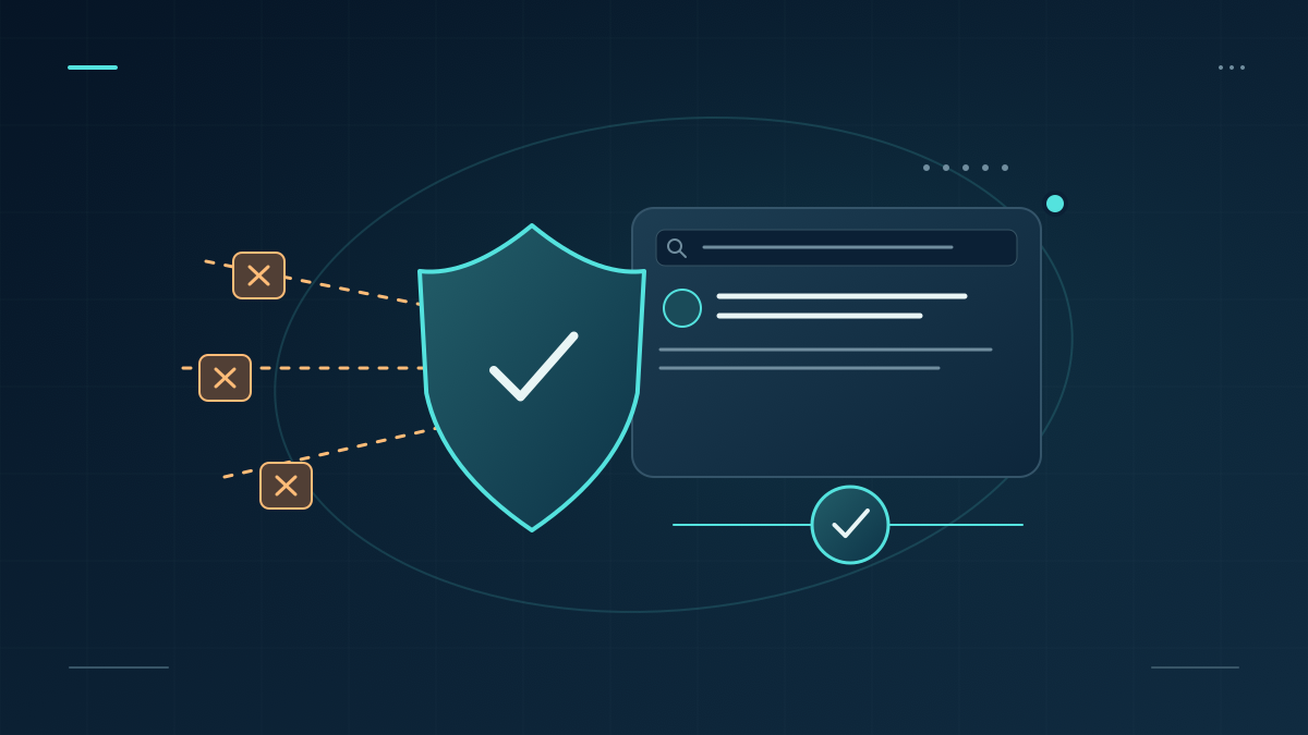 A teal shield blocks hostile amber signals before they reach an online profile.