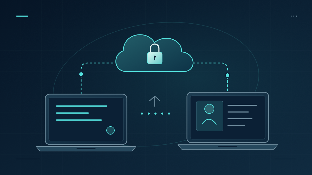 Two remote workstations connect securely through a central cloud and padlock.
