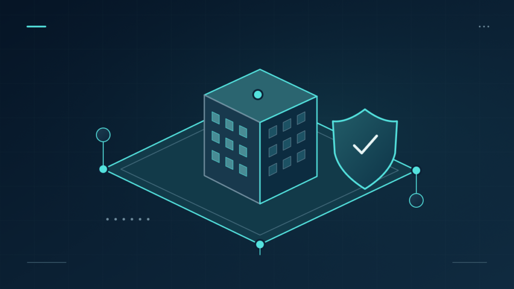 An isometric office building inside a secure network perimeter with a verification shield.
