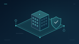 An isometric office building inside a secure network perimeter with a verification shield.