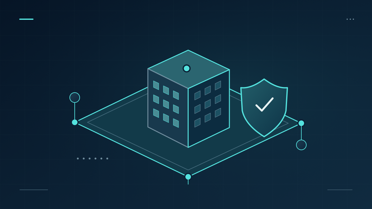 An isometric office building inside a secure network perimeter with a verification shield.