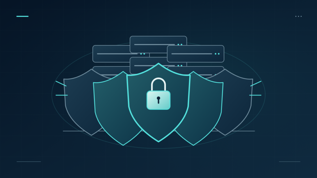 A layered wall of teal security shields protects a stack of business servers.