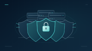A layered wall of teal security shields protects a stack of business servers.