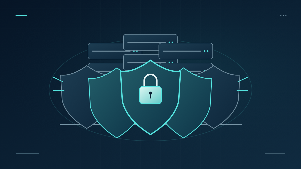 A layered wall of teal security shields protects a stack of business servers.