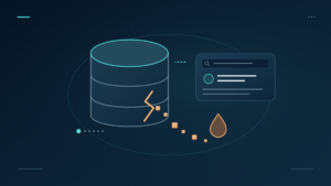 An amber stream of escaped data leaves a database beside an online profile card.