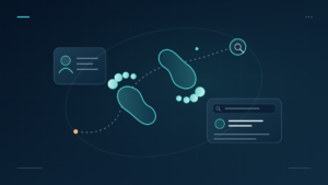Two stylised digital footprints connect a profile card with search results across a network.