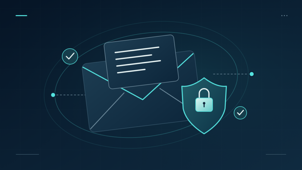 An encrypted envelope and message protected by a padlock shield and authentication checks.