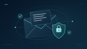 An encrypted envelope and message protected by a padlock shield and authentication checks.