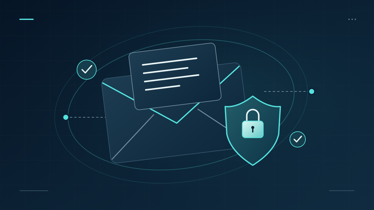 An encrypted envelope and message protected by a padlock shield and authentication checks.