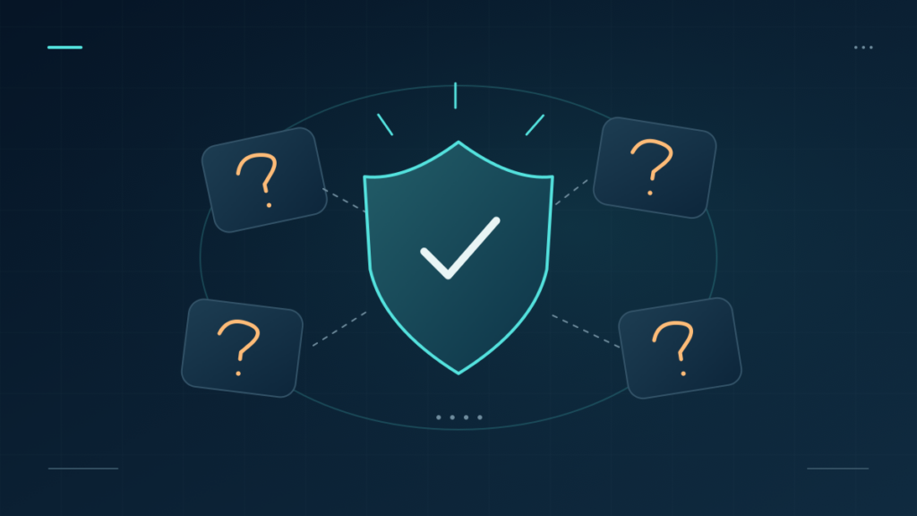 Question-mark cards surrounding a clear central security shield and checkmark.