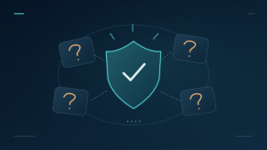 Question-mark cards surrounding a clear central security shield and checkmark.