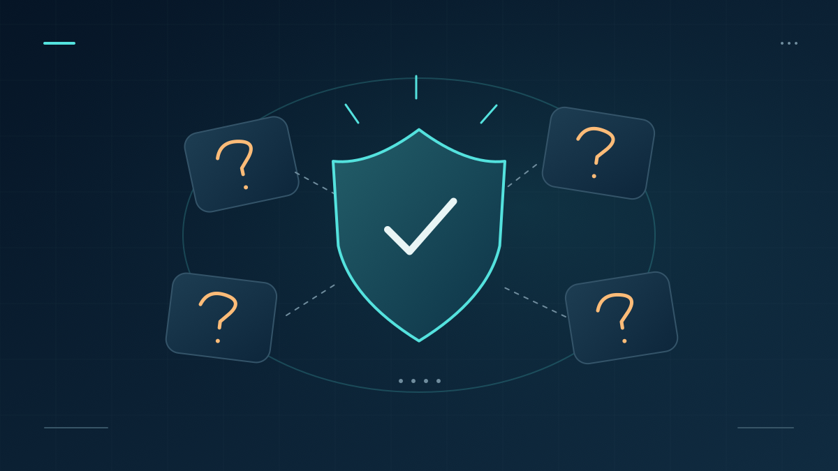 Question-mark cards surrounding a clear central security shield and checkmark.