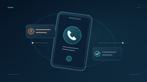 A business phone between an amber spam warning and a verified caller card.