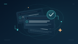 Layered search result cards with a verification mark and a carefully arranged reputation network.