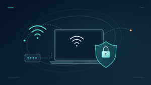 A laptop on a public wireless network protected by a teal security shield.