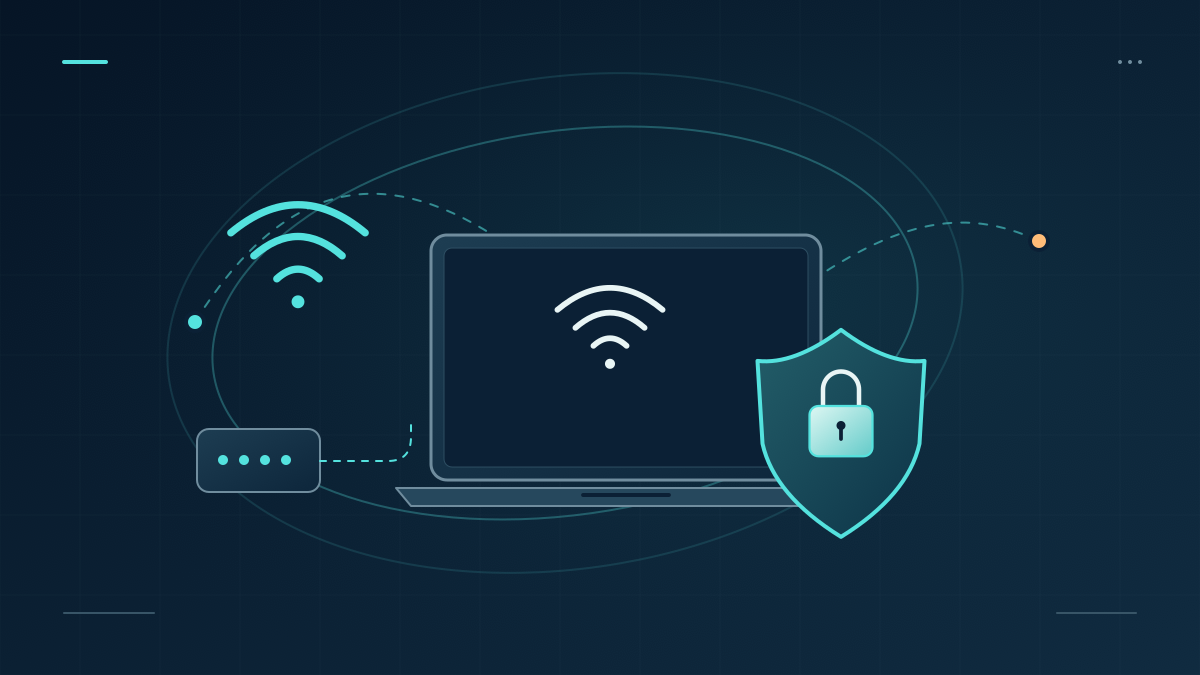 A laptop on a public wireless network protected by a teal security shield.