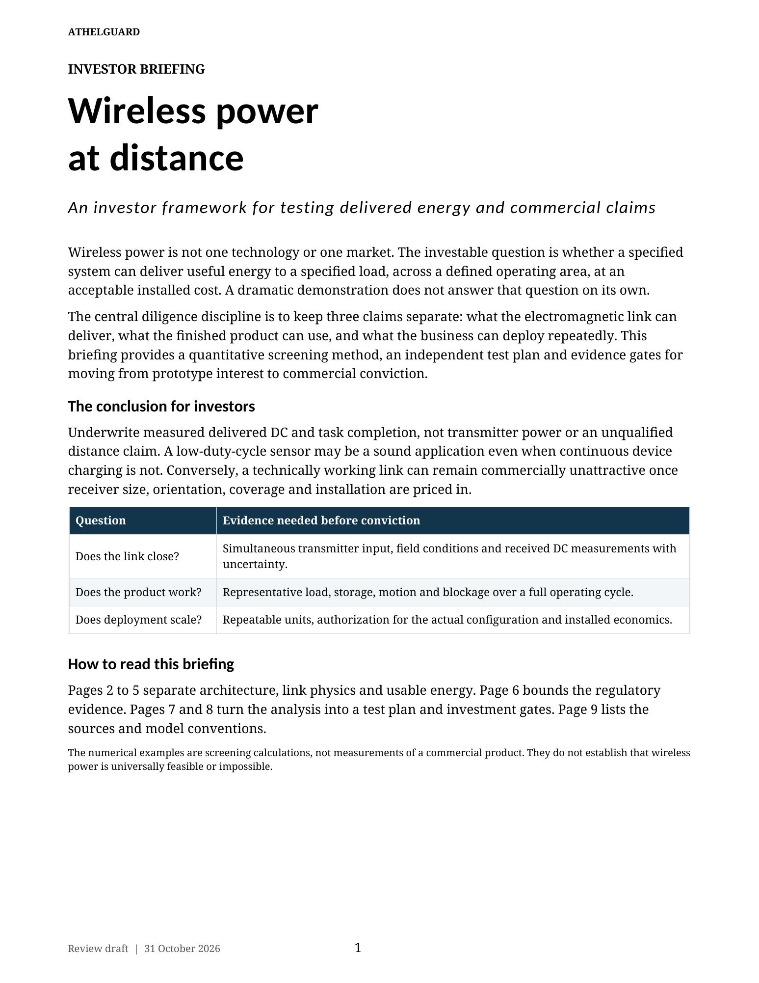 First-page preview of Athelguard’s Wireless Power Investor Briefing