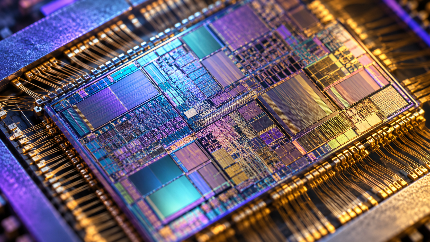 Macro view of a silicon processor with violet, cyan and amber reflections