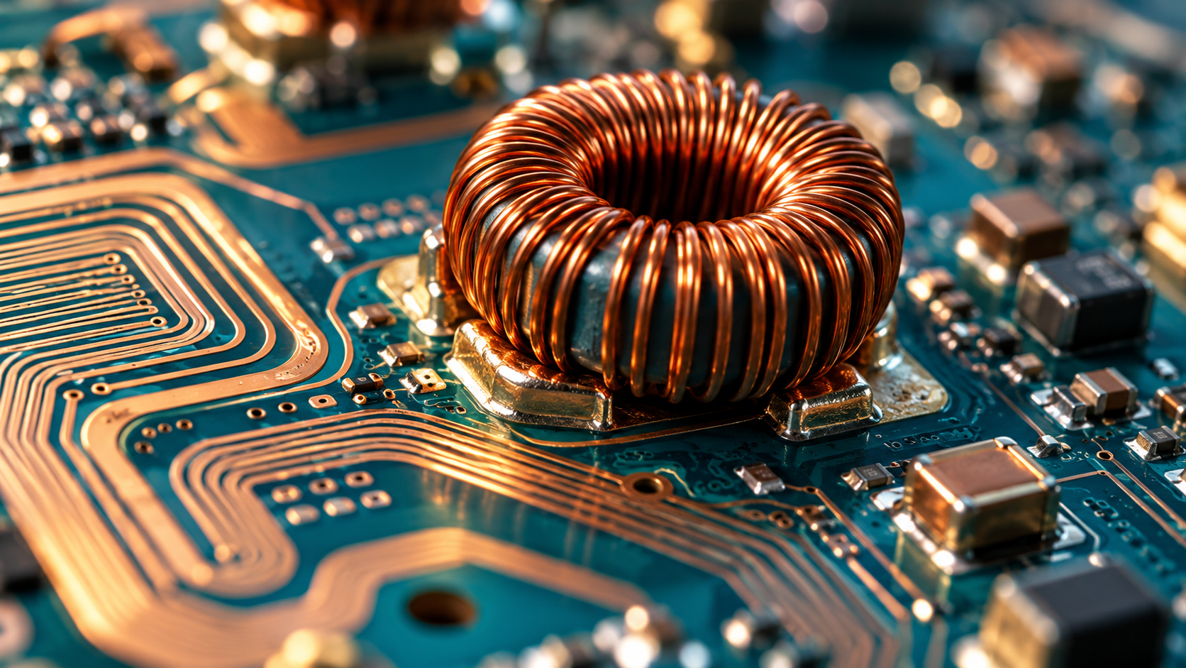 Copper coil and fine antenna traces on a teal circuit board